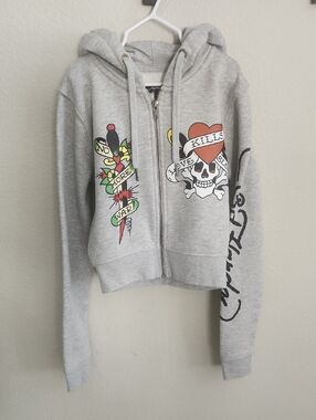 ED HARDY Grey Graphic Zip-Up Hoodie Sweatshirt - Women